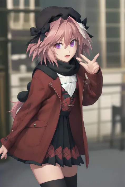 <lora:Astolfo:1><lora:148777 (166049)-EDG- edgAutumnDressCode:1> Astolfo, (skin fang:1.1), (flat chest:1.4), 1other, long hair, single braid, edgADC, wearing edgADC, fashionable, stylish, sexy, dynamic pose, sweater dress , silk scarf , cloche hat , pleate...