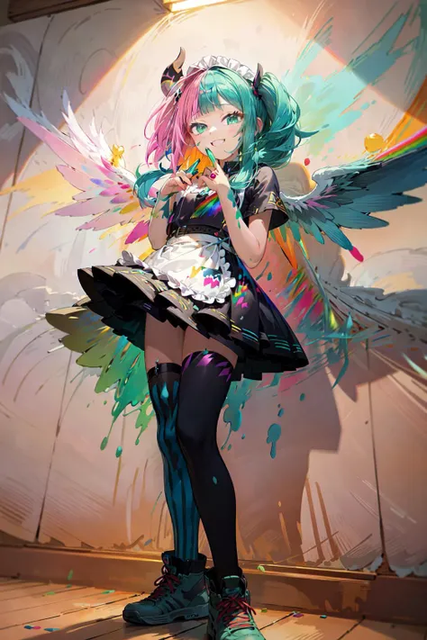 (masterpiece, best quality), solo cute green and pink hlfcol haired short twintail hair smug laugh face huge paintbrush gripping detailed hands painter apron black skirt striped long kneesocks sneaker legs artist boastful angel and devil standing girl BREA...