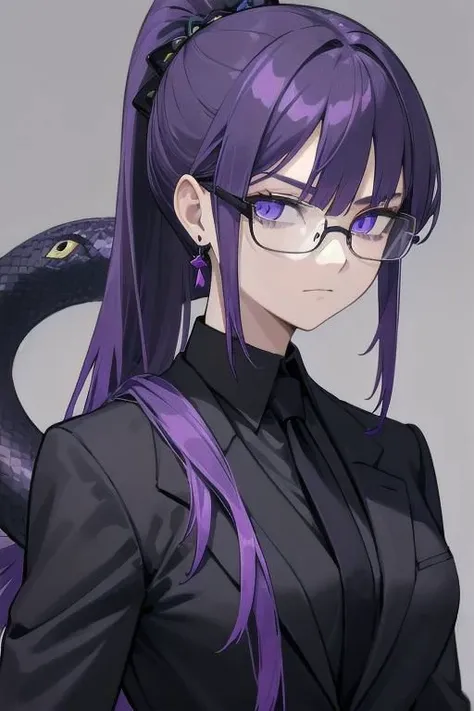 (masterpiece, best quality, perfect face, perfect eyes, detailed face), woman, snake lady, purple hair, neat hair, ponytail, (snake eyes:1.3), business suit, black suit, light purple shirt, purple tie, menacing, glasses, black gloves, tassel earring,