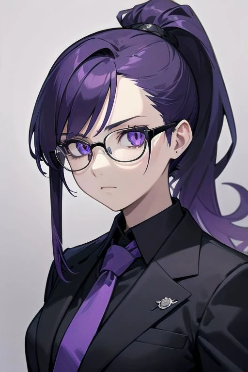 (masterpiece, best quality, perfect face, perfect eyes, detailed face), woman, snake lady, purple hair, neat hair, ponytail, snake eyes, business suit, black suit, light purple shirt, purple tie, menacing, glasses, black gloves,