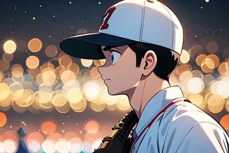 master piece,best quality,1boy,solo,baseball uniform,baseball uniform,white pants,pants,baseball cap,black hair,outdoors,belt,crowd,<lora:Adachi_v2:0.6>,baseball ground,profile,bokeh,
portrait,look up,(put on baseball glove),