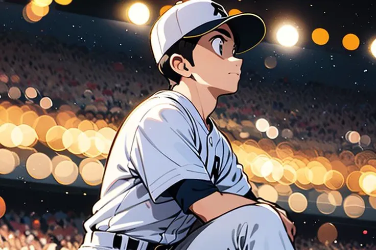 master piece,best quality,1boy,solo,baseball uniform,baseball uniform,white pants,pants,baseball cap,black hair,outdoors,belt,crowd,<lora:Adachi_v2:0.6>,baseball ground,profile,bokeh,
portrait,look up,(put on baseball glove),