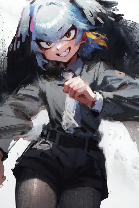 masterpiece, highest quality, cowboy shot, best quality, 1girl, solo, looking at viewer, 
shoebill, collared shirt, grey hair, grey necktie, grey pantyhose, grey shirt, grey shorts, hair between eyes, head wings, highres, kemono friends, layered sleeves, s...