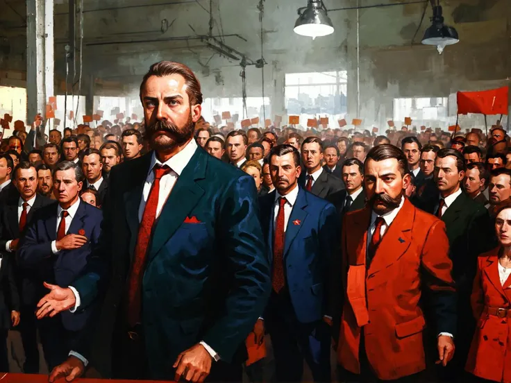 super fine detail,The most perfect painting in the world,super perfect details,Comrade Lenin delivered a speech to the working people in the factory,zaum, elysiumchar, portrait,leader,october revolution,Suit,high hairline,short hair,(((goatee))),((full bod...