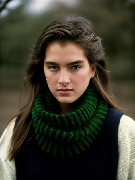 A beautiful br00k3s woman,1girl,solo,long hair,looking at viewer,brown hair,black hair,green eyes,scarf,sweater,lips,coat,traditional media,portrait,realistic,soft lighting, professional Photography, Photorealistic, detailed, RAW, analog, sharp focus, 8k, ...