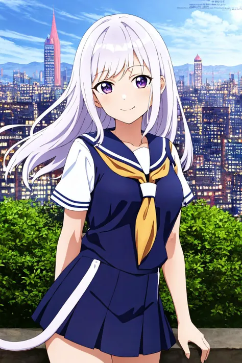 masterpiece, best quality, MegamiStyleV4, 1girl, solo, tri tails, white hair, school uniform, serafuku, light smile, cityscape, hands behind back