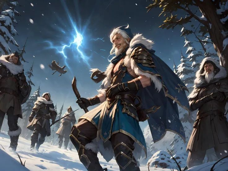 HEZI,LOL,(lol style),game cg,weapon,(1girl:1.5),snow,bow (weapon),multiple boys,aurora,white hair,hood,breasts,arrow (projectile),mountain,outdoors,medium breasts,bird,beard,boots,cleavage,3boys,armor,gloves,holding,mask,holding weapon,facial hair,cape,sky...