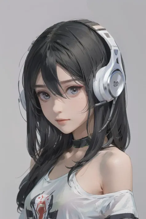 a woman with headphones on and a white shirt