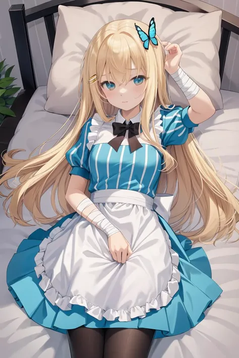 anime girl in a maid outfit laying on a bed with a butterfly on her head