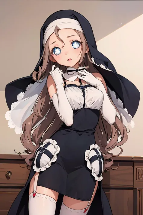 (masterpiece, best quality), 1girl, <lora:sisternana-nvwls-v1:1> sisternana, symbol-shaped pupils, nun, veil, black dress, elbow gloves, white thighhighs