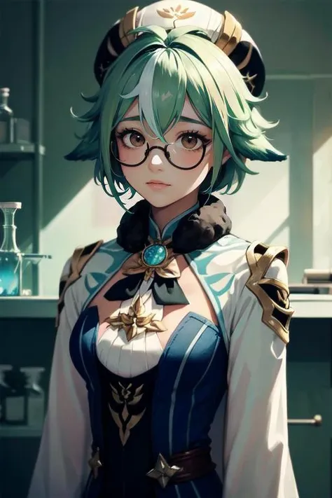 sucrose (genshin impact), semi-rimless eyewear,  shy, (masterpiece, best quality, ultra-detailed), (volumetric lighting), 1girl, solo, beret, mksks style, upper body
in a chemistry lab,
 <lora:Genshin Impact - Sucrose v2 @ sucrose (genshin impact):0.9>