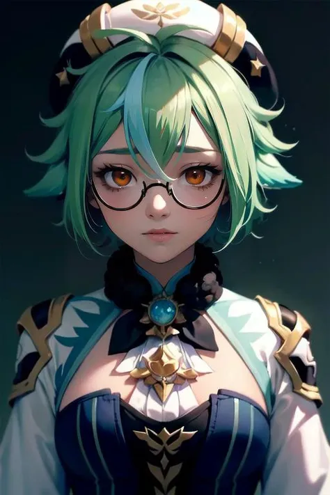 sucrose (genshin impact), semi-rimless eyewear,  shy, (masterpiece, best quality, ultra-detailed), (volumetric lighting), 1girl, solo, beret, mksks style, upper body
in a chemistry lab,
orange eyes
dramatic lighting
 <lora:Genshin Impact - Sucrose v2 @ suc...