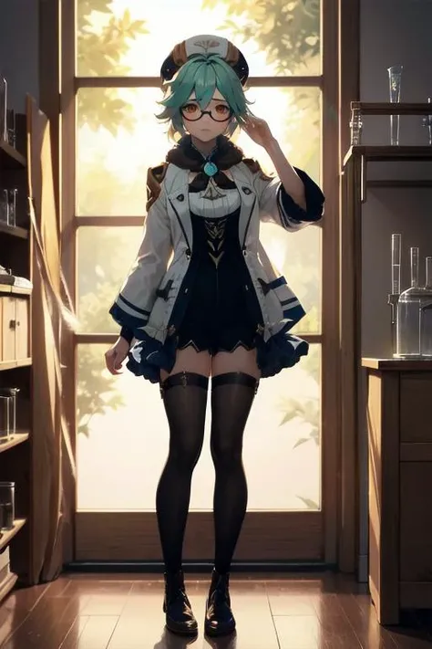 sucrose (genshin impact), semi-rimless eyewear,  shy, (masterpiece, best quality, ultra-detailed), (volumetric lighting), 1girl, solo, beret, mksks style, full body
in a chemistry lab,
orange eyes
dramatic lighting
 <lora:Genshin Impact - Sucrose v2 @ sucr...