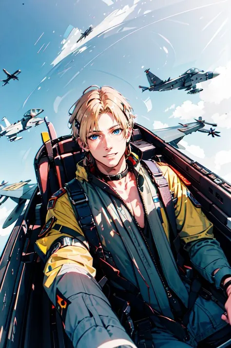 <lora:yomama_fighter_jet_pilot_selfie_v2:1> yomama_fighter_jet_pilot_selfie_v2,  sitting,, ultra detailed, masterpiece, best quality, aesthetic, detailed,, solo, smile, 1boy, blue eyes, medium blonde hair, parted bangs, hair intakes, male focus, muscular m...