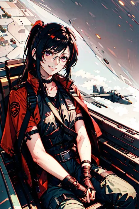 <lora:yomama_fighter_jet_pilot_selfie_v2:1> yomama_fighter_jet_pilot_selfie_v2,, ultra detailed, masterpiece, best quality, aesthetic, detailed,, solo, smug smile, 1girl, purple eyes, red-framed eyewear, (black hair, red colored tips:1.2), red streaked hai...