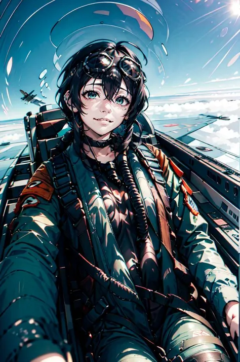 <lora:yomama_fighter_jet_pilot_selfie_v2:1> yomama_fighter_jet_pilot_selfie_v2,  sitting,, ultra detailed, masterpiece, best quality, aesthetic, detailed,, solo, soft smile, light smile, 1girl, aqua eyes, black hair, <lora:low_ponytail-1.0:0.95> low ponyta...