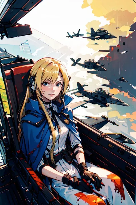 <lora:yomama_fighter_jet_pilot_selfie_v2:1> yomama_fighter_jet_pilot_selfie_v2,  <lora:RtPL-Malice:0.8> malice_(riviera), blonde_hair, long_hair, blue_cape, white_dress, gloves, sitting, evil smile, sweat, orange sky, dogfight, bullets, blood,, ultra detai...