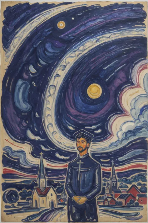 starry night with a man standing in front of a church