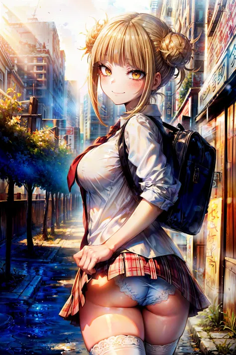 masterpiece, best quality, 1girl, rim lighting, low angle, from behind, foreshortening, cowboy shot, close-up, outdoors, wind, spring, city, walking, 1girl, toga himiko, boku no hero academia, blonde hair, double bun, messy hair, looking back, yellow eyes,...