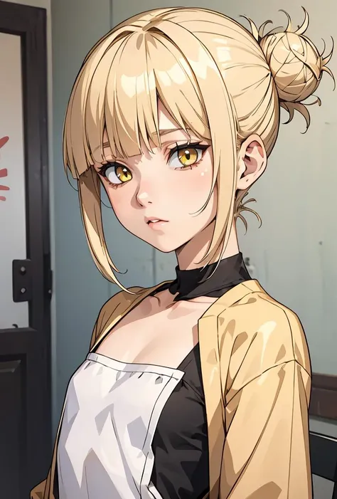 (masterpiece, best quality), 1girl,   Pastel Blue Taper Fade with Textured Side Swept Hair, flat chest,  <lora:toga_himiko_v1:0.8> toga himiko, blonde hair,yellow eyes,short hair