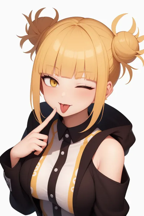 1girl, (masterpiece), (straight on), (hyperresolution),(insanely detailed) (very coherent symmetrical artwork) , (gorgerous body),  <lora:toga_himiko_v1:1> toga himiko,blonde hair,yellow eyes,short hair , detailed face , anime style , tongue out, finger on...