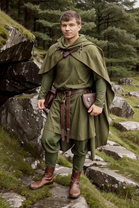 arafed man in a green outfit standing on a rocky path