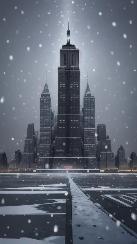 a view of a city skyline with a snow covered walkway