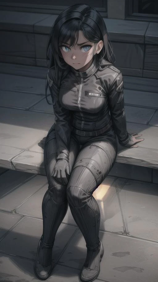 a woman sitting on a bench in a black outfit