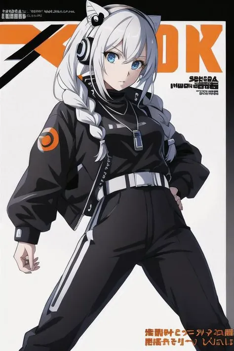 anime game, magazine cover:, realistic, original, masterpiece, best quality, beautiful clean face, fullbody, 1woman, wearing black and white and cobalt scifi techmask and headphones with complex electronics, wearing black meta techwear jacket and orange tr...