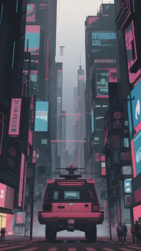 a car driving through a city filled with tall buildings