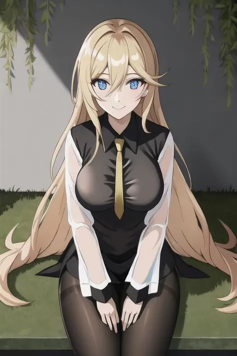 anime girl with long blonde hair sitting on a bench in a black dress