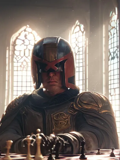 score_9, score_8_up, score_7_up, jdgdrdd, close-up of a man playing chess in an old room, chess board in the foreground, helmet, armor, inside, dusty, sunlight coming in through a window, god rays,
 <lora:Judge_Dredd_-_2012_v2_Pony_SDXL:0.8>