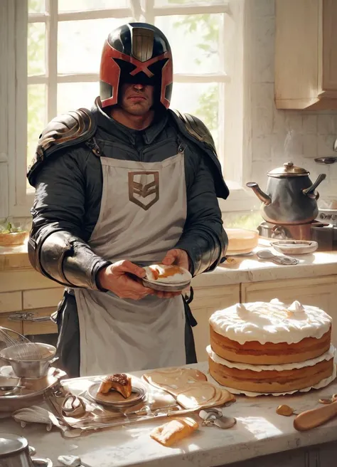 score_9, score_8_up, score_7_up, jdgdrdd, man with helmet and armor wearing an apron, in the kitchen baking a cake, utensils, pots and pans, stove, flour,
 <lora:Judge_Dredd_-_2012_v2_Pony_SDXL:0.8>