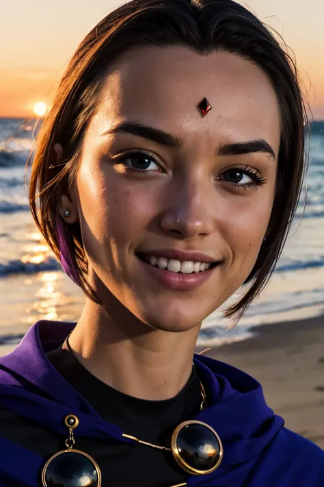 a close up of a woman with a purple cape on a beach