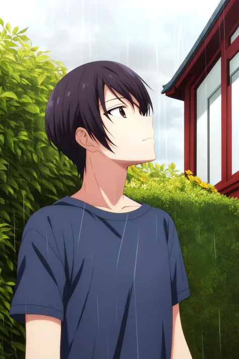 masterpiece, best quality, amane_fujimiya, 1boy, solo, standing, straight-on, upper body, (looking up), looking at sky, black hair, brown eyes, thinking, lost in thought, t-shirt, rain, street, house, bush, flower,