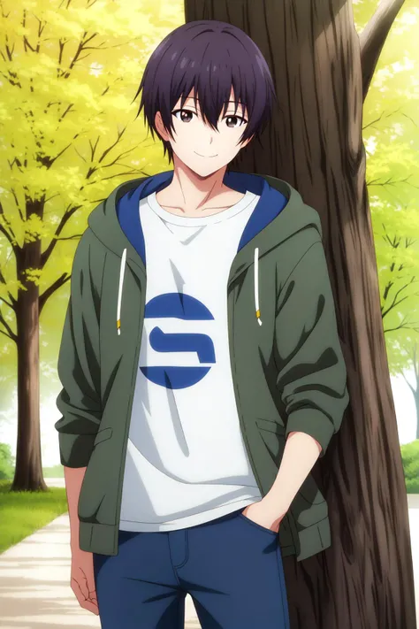 masterpiece, best quality, amane_fujimiya, 1boy, solo, upper body, leaning, against tree, looking to the side, black hair, brown eyes, happy, smile, casual, green hooded jacket, open jacket, t-shirt, blue pants,