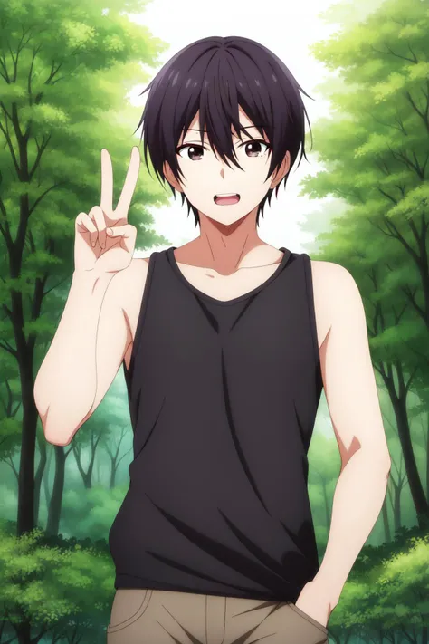 masterpiece, best quality, amane_fujimiya, 1boy, solo, standing, upper body, looking at viewer, black hair, brown eyes, excited, open mouth, casual, black tank top, brown pants, hand in pocket, hand up, peace sign, summer, forest,