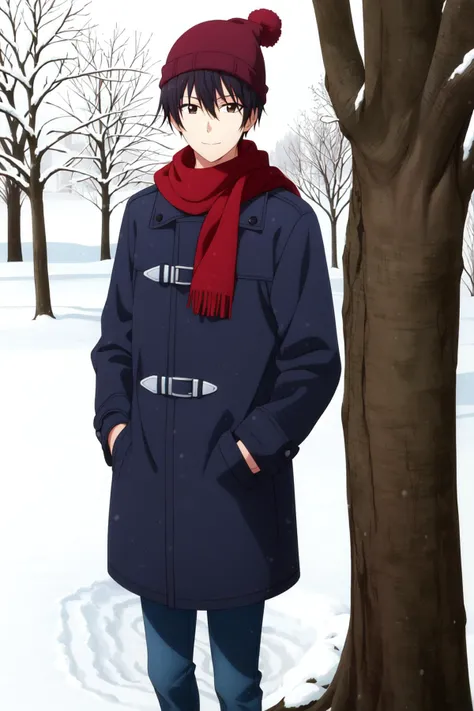 masterpiece, best quality, amane_fujimiya, 1boy, solo, standing, upper body, looking at viewer, black hair, beanie, brown eyes, light smile, closed mouth, winter coat, red scarf, blue pants, hands in pockets, park, snow, tree,