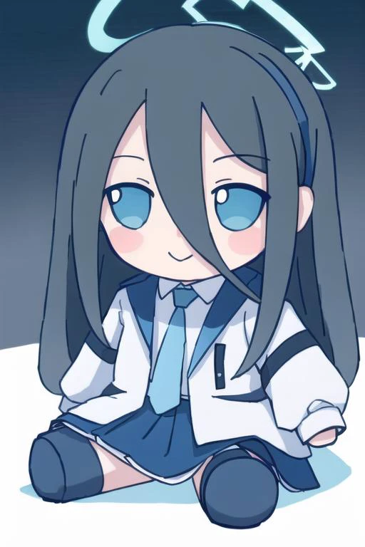 <lora:tendouAlice_v1:0.85>, aris, halo, white jacket, white shirt, blue necktie, pleated skirt, halo, :>, <lora:fumoLikeAnimeStyle_v10:0.95>, fumo, doll, sitting, (best quality, masterpiece:1.4), 1girl