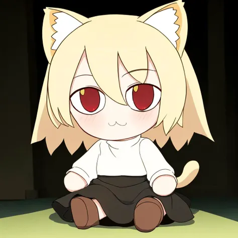 necoarc, 1girl, solo, cat girl, brown boots, dark pink skirt, white turtleneck, cat ears, yellow hair, red eyes, tail, fumo, doll, sitting,  <lora:necoArcCharacters_necoArcv3final:0.8>,  <lora:fumoLikeAnimeStyle_v10:0.8>