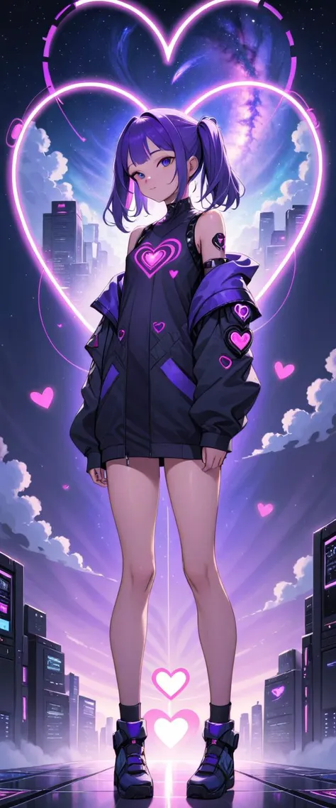 a 19-year-old Egyptian girl is standing inside a heart shaped cloud, in the style of photorealistic, cyberpunk manga, portraits, 32k uhd, Midnight Blue and Galaxy Purple,