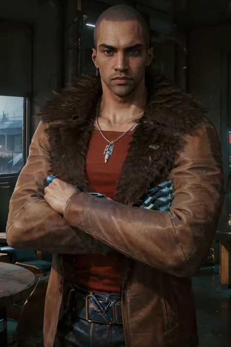 RiverCyber, bald, muscular, jewelry, belt, necklace, red shirt,  jacket, dark-skin, fur trim, looking at viewer, serious, crossing arms, 
interior of a futuristic police station, table, moody lighting,  extreme detail, hdr, realistic detail,
<lora:RiverCyb...