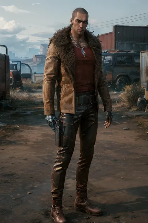 RiverCyber, artificial eye,man, muscular, bald, dark skin, jewelry, necklace, red shirt, jacket, fur collar,pants, boots, looking at viewer, serious, angry,
standing, holding a gun, pistol, outside, trailer park, neon cityscape, dusty, 
extreme detail, hdr...