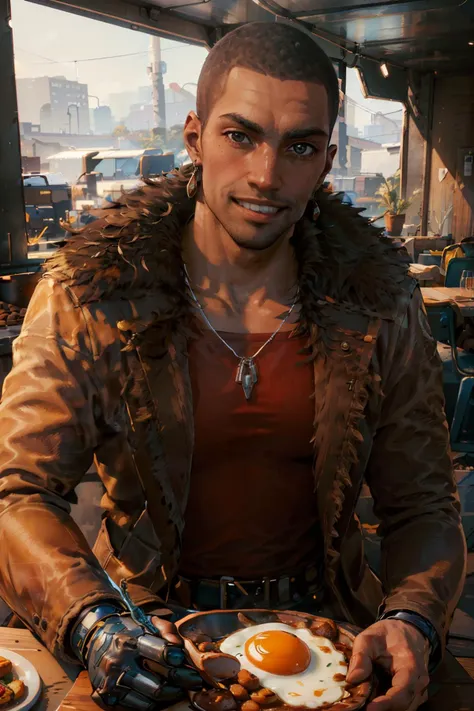 RiverCyber, bald, muscular, jewelry, belt, necklace, red shirt,  jacket, dark-skin, fur trim, looking at viewer, smiling, happy,  mouth open, 
interior of a trailer park kitchen, sitting, table full of food, beans and eggs, extreme detail, hdr, masterpiece...