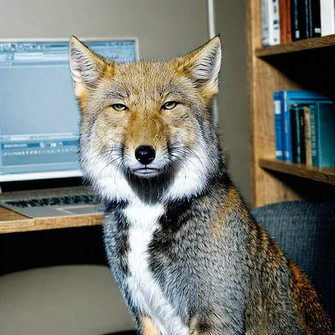 arafed wolf sitting in front of a computer desk with a laptop