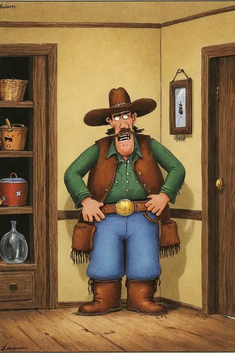 a color far side comic strip illustration of  a cowboy, by Gary Larson, <lora:Gary_Larson_Style_XL_Color_Far_side-000005:1>