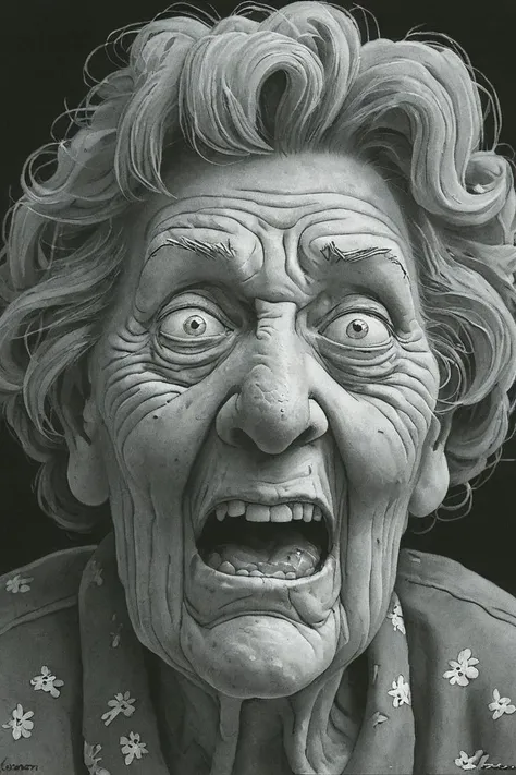 a black and white far side comic strip illustration of  a close up portrait of an old woman making a silly expression with wrinkled skin, by Gary Larson,<lora:Gary_Larson_Style_XL_BW_Far_Side-000009:1>