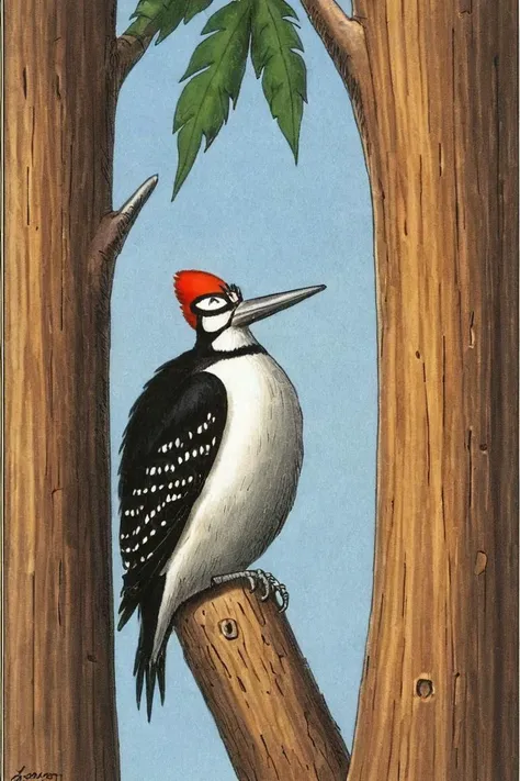 a color far side comic strip illustration of  a Woodpecker by Gary Larson, <lora:Gary_Larson_Style_XL_Color_Far_side-000005:1>