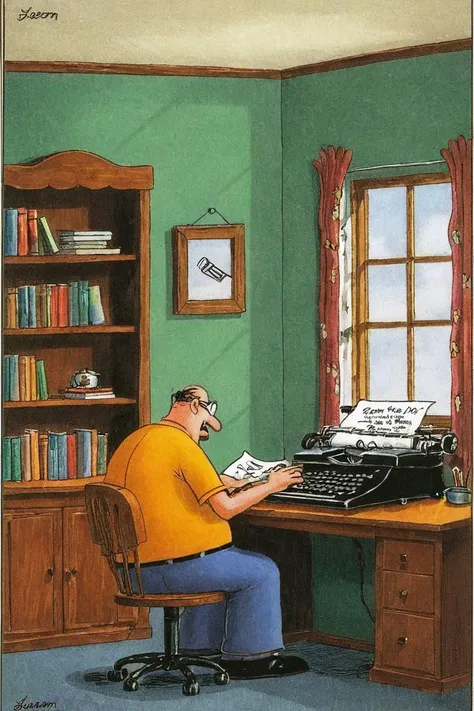 a color far side comic strip illustration of  a Writer at work by Gary Larson, <lora:Gary_Larson_Style_XL_Color_Far_side-000005:1>