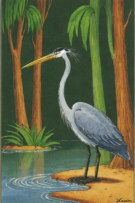 a color far side comic strip illustration of  a Heron by Gary Larson, <lora:Gary_Larson_Style_XL_Color_Far_side-000005:1>